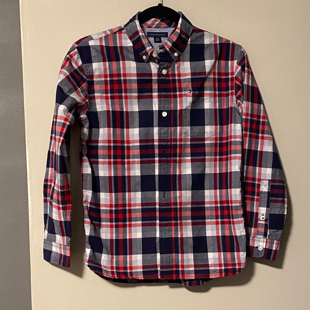 Tommy Hilfiger Men's Navy and Red Checkered Shirt 14/16
